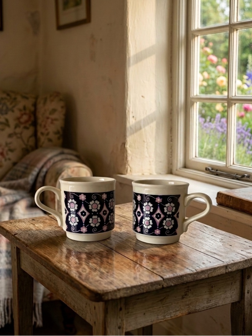 2 Vintage Biltons Stoneware Mugs with a Floral Pattern Made in England